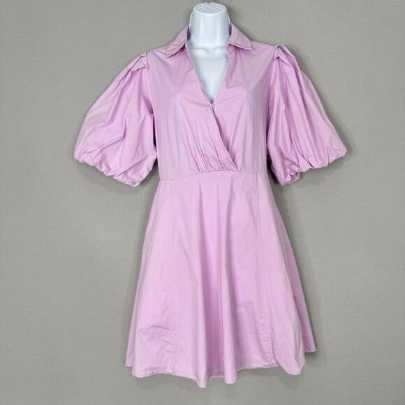 Esqualo Womens Dress 8 Pink Open Back Poplin Puff Sleeve Preppy Boho Sundress - Picture 1 of 16